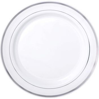 Picture of 10" PREMIUM PLASTIC WHITE PLATES WITH SILVER TRIM