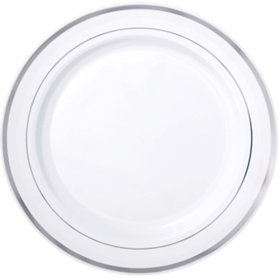 Image sur 10" PREMIUM PLASTIC WHITE PLATES WITH SILVER TRIM