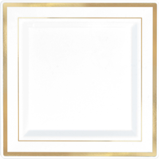 Image sur 7" SQUARE PLATES - WHITE W/ GOLD TRIM 8/PK