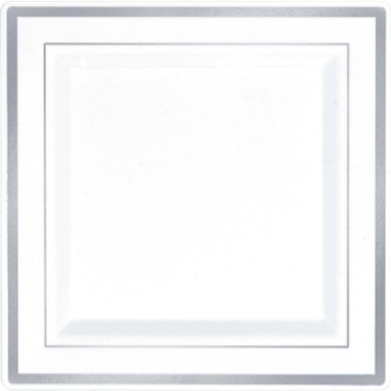 Picture of 7" SQ PLATES - WHITE W/ SILVER TRIM 8/PK