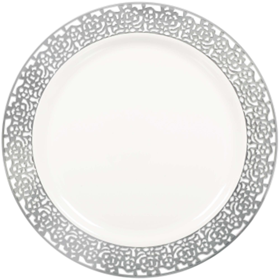 Picture of 10" WHITE  PLASTIC PLATES WITH SILVER LACE BORDER