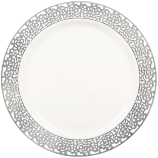 Image sur 10" WHITE  PLASTIC PLATES WITH SILVER LACE BORDER