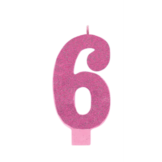 Picture of LARGE NUMERAL #6 CANDLE GLITTER PINK
