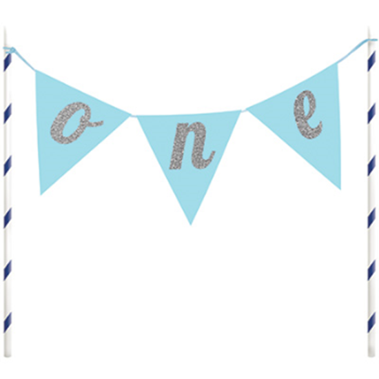 Image sur DECOR - CAKE TOPPER ONE PENNANT BANNER - BLUE AND SILVER
