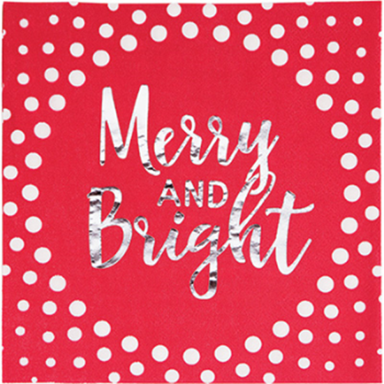 Image sur TABLEWARE - HOLIDAY RED MERRY AND BRIGHT LUNCHEON NAPKINS - FOIL STAMPED