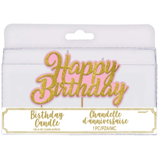 Image sur HAPPY BIRTHDAY GOLD AND PINK GLITTER PICK CANDLE