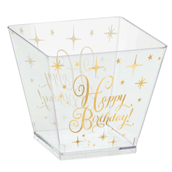 Image sur TABLEWARE - GOLD BIRTHDAY MINI 2oz PLASTIC CUBES - CLEAR