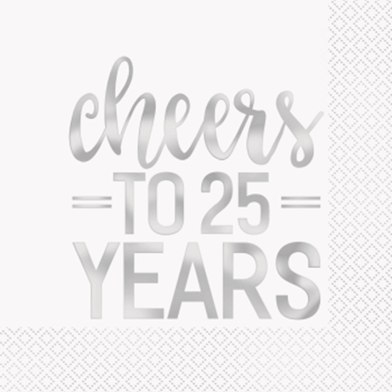 Image sur 25th CHEERS TO 25 YEARS SILVER FOIL LUNCHEON NAPKIN