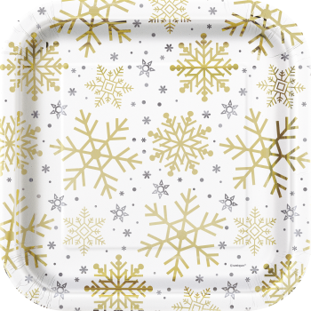 Image de TABLEWARE - SILVER & GOLD HOLIDAY SNOWFLAKES - 9" SQUARE PLATES