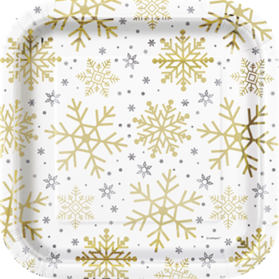 Image sur TABLEWARE - SILVER & GOLD HOLIDAY SNOWFLAKES - 9" SQUARE PLATES