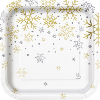 Image de TABLEWARE - SILVER & GOLD HOLIDAY SNOWFLAKES - 7" SQUARE PLATES