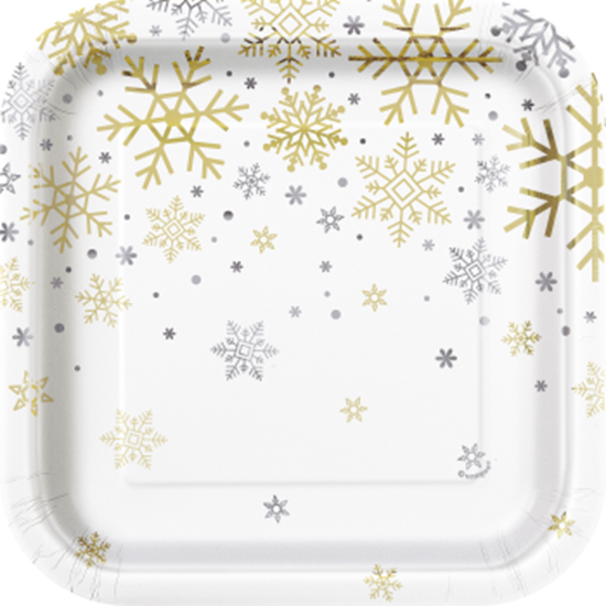 Picture of TABLEWARE - SILVER & GOLD HOLIDAY SNOWFLAKES - 7" SQUARE PLATES