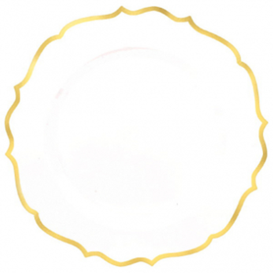 PartyMart. 10" PLATES WHITE GOLD TRIMMED ORNATE PREMIUM PLASTIC