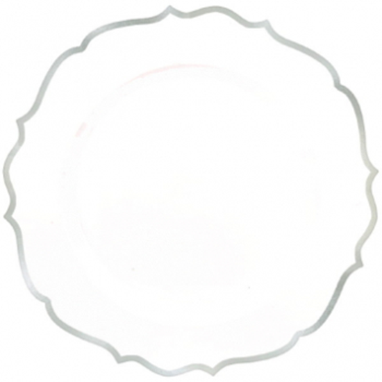 Image sur 10" PLATES WHITE SILVER TRIMMED ORNATE PREMIUM PLASTIC