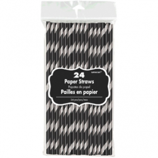 Image sur STRIPED PAPER STRAWS BLACK WITH SILVER 24CT