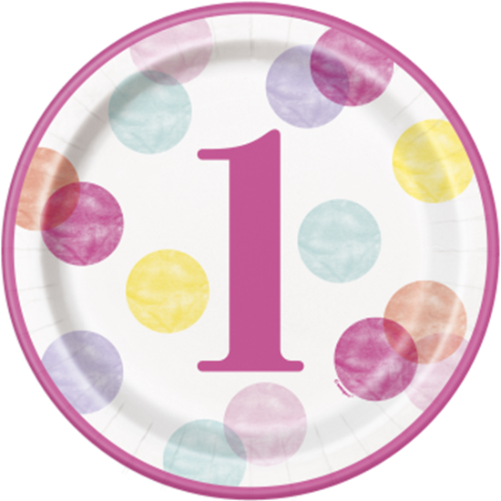 Picture of TABLEWARE - PINK DOTS FIRST BIRTHDAY  9" PLATE