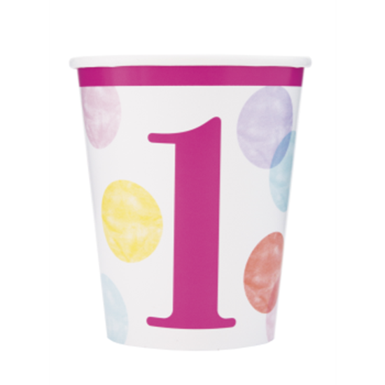 Picture of TABLEWARE - PINK DOTS FIRST BIRTHDAY 9oz CUPS