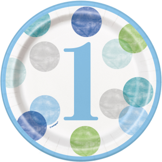 Picture of TABLEWARE - BLUE DOTS FIRST BIRTHDAY  7" PLATE