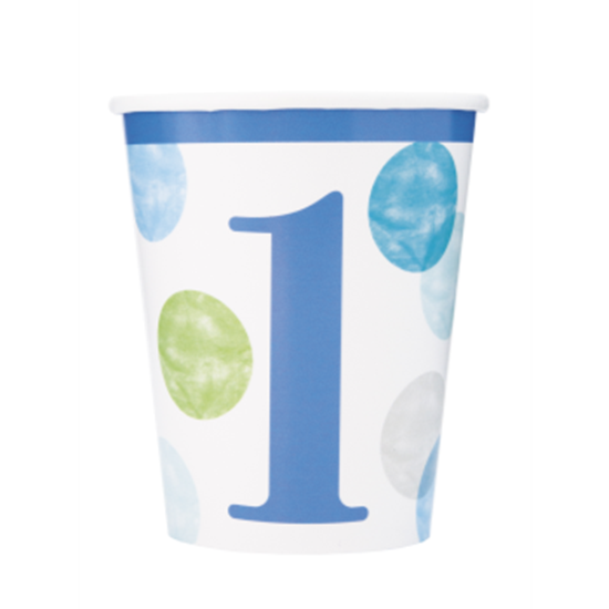 Image sur TABLEWARE - BLUE DOTS FIRST BIRTHDAY 9oz CUPS