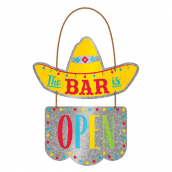Picture of THE BAR IS OPEN METAL HANGING SIGN - FIESTA