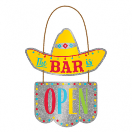 Image sur THE BAR IS OPEN METAL HANGING SIGN - FIESTA