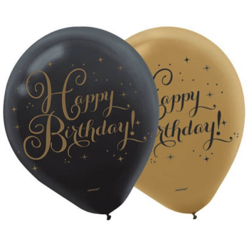 Image de 12" BIRTHDAY BALLOONS - GOLD/BLACK 15/PKG