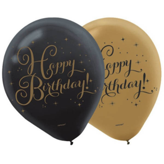Picture of 12" BIRTHDAY BALLOONS - GOLD/BLACK 15/PKG