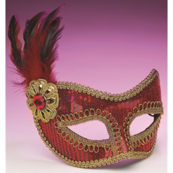 Picture of SEQUIN MASKS WITH FEATHER - RED