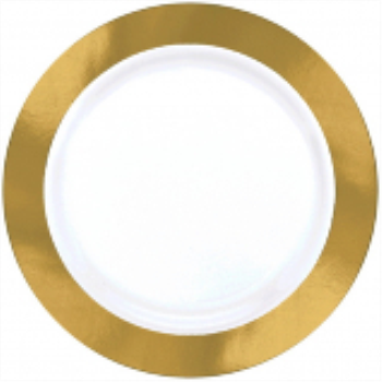 Picture of WHITE PREMIUM 7" PLASTIC PLATE WITH GOLD WIDE BORDER