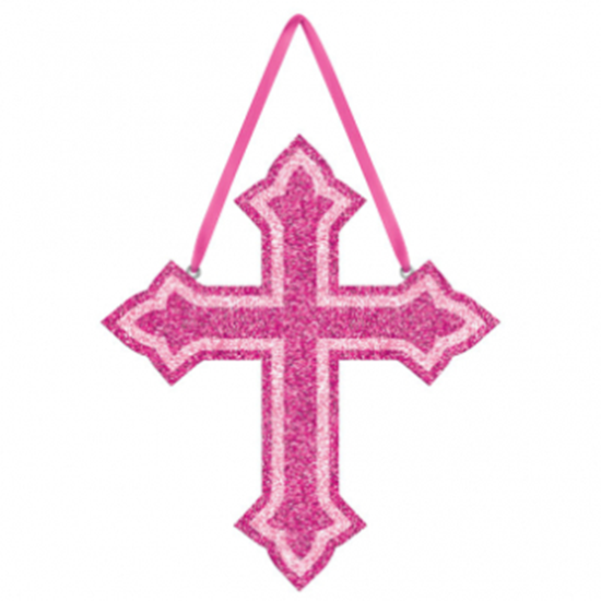 Image sur DECOR - GLITTER CROSS FOAM HANGING SIGN - PINK