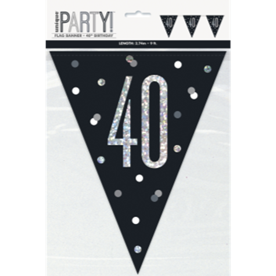 Image sur 40th - GLITZY BLACK 40th FLAG BANNER - 9FT