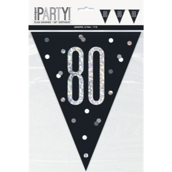 Image sur 80th - GLITZY BLACK 80th FLAG BANNER - 9FT