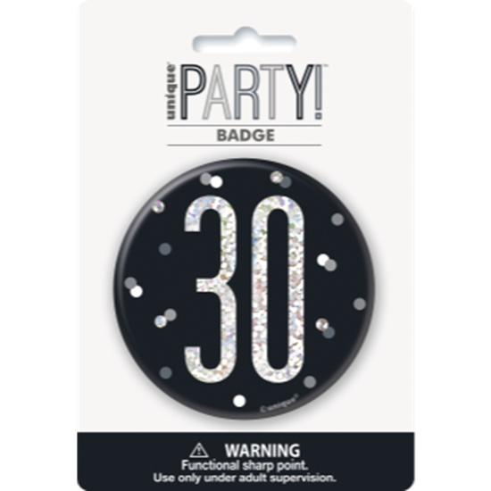 Image sur 30th - 3" GLITZ BLACK 30th BIRTHDAY BADGE