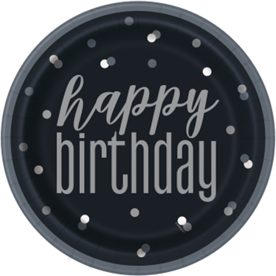 Image sur TABLEWARE - GLITZ BLACK AND SILVER DOT HAPPY BIRTHDAY - 9" PLATES