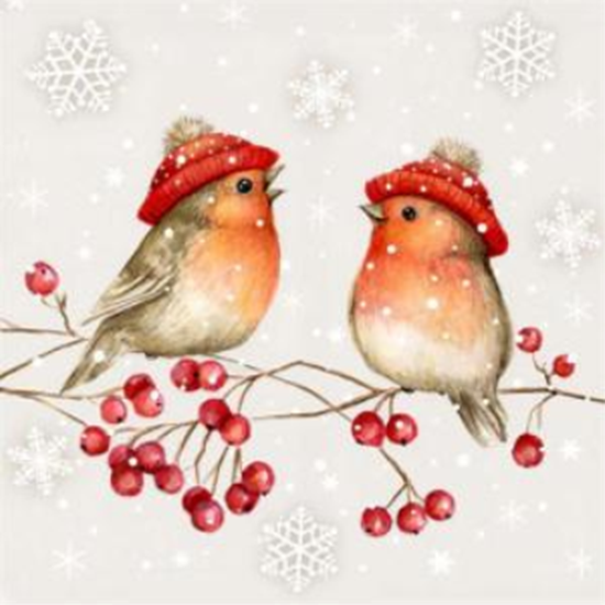Image sur TABLEWARE - TWO BIRDS ON BRANCH WITH TUQUES - NAPKINS
