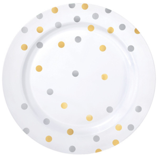 Image sur GOLD AND SILVER CONFETTI 7" PLASTIC PLATES - HOT STAMPED