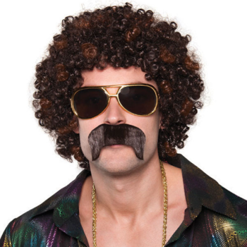 Disco Hound Wig and Tash Set Mens Fancy Dress 1970s 70s Adults Afro Costume Accessory