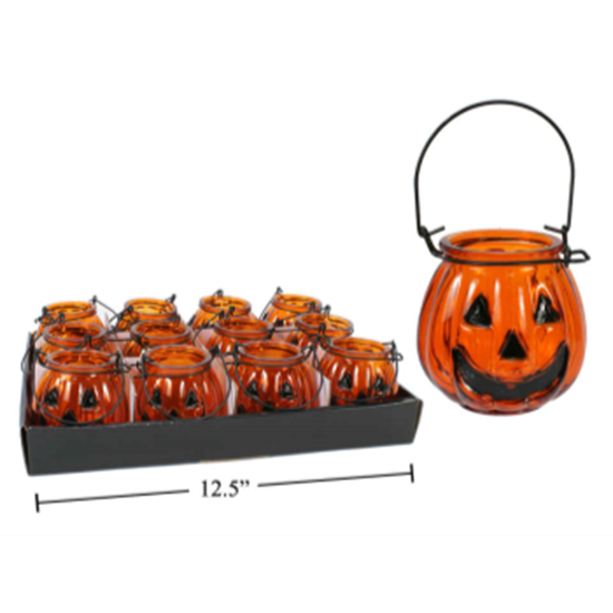 Image sur GLASS PUMPKIN TEALIGHT HOLDER WITH WIRE HANDLE