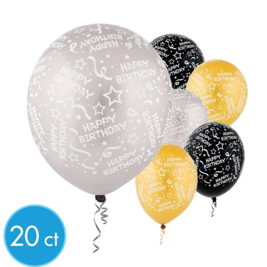 Picture of 12" BIRTHDAY - GOLD/BK/SILVER 20/PKG