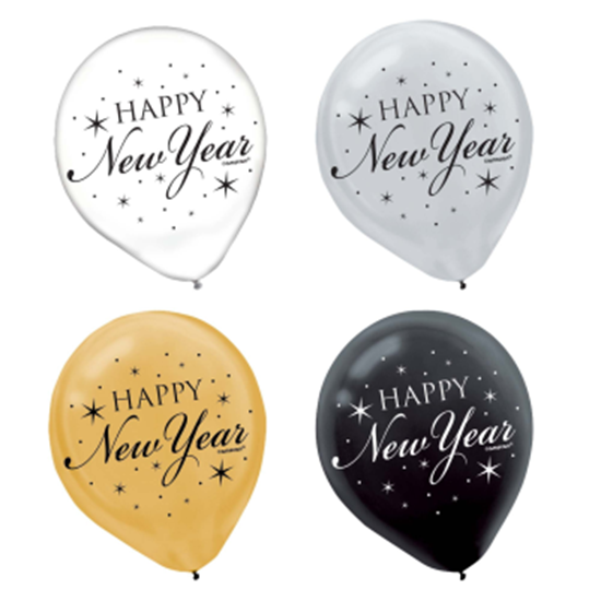 Picture of BALLOONS - HAPPY NEW YEAR BALLOONS - BLACK/SILVER/GOLD - 20CT