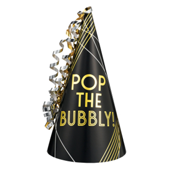 Image sur WEARABLES - POP THE BUBBLY FOIL CONE HAT - BLACK/GOLD/SILVER