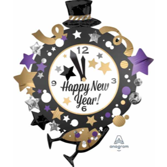 Picture of 34" FOIL - HAPPY NEW YEAR CLOCK SUPER SHAPE