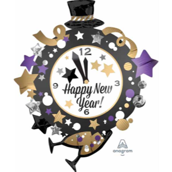 Image sur 34" FOIL - HAPPY NEW YEAR CLOCK SUPER SHAPE