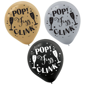 Image de 12" POP FIZZ CLINK PRINTED LATEX BALLOONS - BLACK, GOLD, SILVER