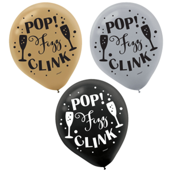 Picture of 12" POP FIZZ CLINK PRINTED LATEX BALLOONS - BLACK, GOLD, SILVER