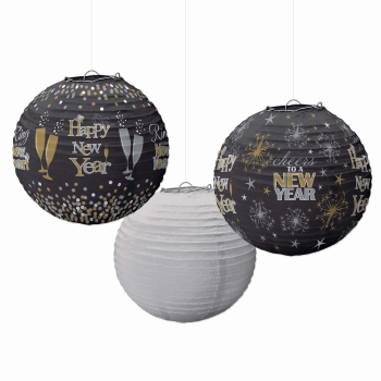 Picture of DECOR - HAPPY NEW YEAR LANTERNS BLACK/SILVER - 3 PACK
