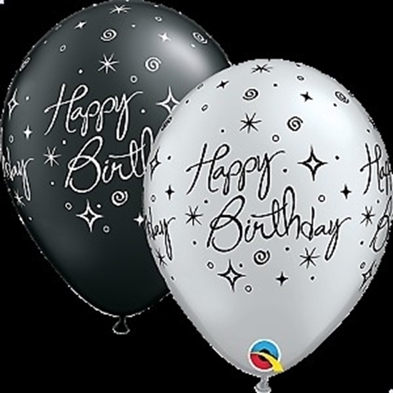 Picture of HELIUM FILLED SINGLE 11" BALLOON - PRINTED - HAPPY BIRTHDAY - SILVER or BLACK