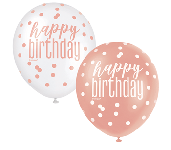 Picture of HELIUM FILLED SINGLE 11" BALLOON - PRINTED - HAPPY BIRTHDAY - WHITE or ROSE GOLD