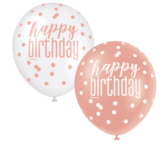 Picture of HELIUM FILLED SINGLE 11" BALLOON - PRINTED - HAPPY BIRTHDAY - WHITE or ROSE GOLD