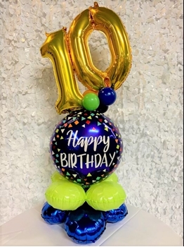 Image de 1 JUNIOR AGED MARQUEE - 2 FOIL 16" NUMBERS - ON 18" FOIL SITTING ON  2 LEVEL QUAD BASE